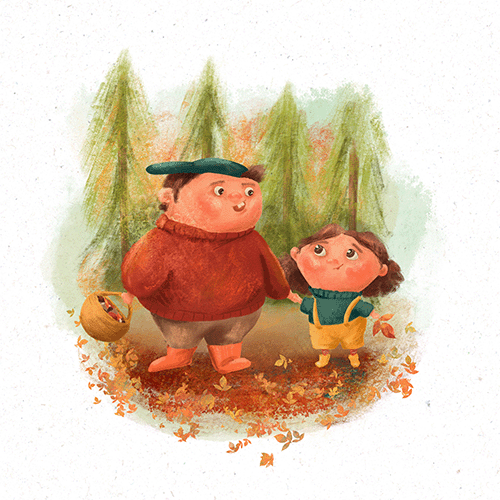 Illustration of father and child in forest